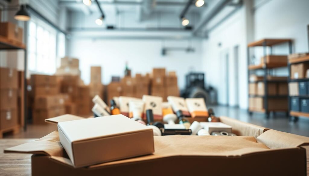 A carefully curated subscription box model unfolds, revealing its seamless integration of logistics, personalization, and consumer delight. In the foreground, an elegant package rests, its minimalist design inviting exploration. The middle ground showcases a range of neatly arranged contents, each item meticulously selected to cater to the recipient's unique preferences. In the background, a clean, modern workspace with subtle industrial touches sets the stage for the box's journey, from supplier to doorstep. Soft, diffused lighting creates a sense of warmth and attention to detail, while a high-quality camera lens captures the scene with precision. The overall atmosphere evokes a blend of convenience, anticipation, and the thrill of discovery - the essence of the subscription box experience. A carefully curated subscription box model unfolds, revealing its seamless integration of logistics, personalization, and consumer delight. In the foreground, an elegant package rests, its minimalist design inviting exploration. The middle ground showcases a range of neatly arranged contents, each item meticulously selected to cater to the recipient's unique preferences. In the background, a clean, modern workspace with subtle industrial touches sets the stage for the box's journey, from supplier to doorstep. Soft, diffused lighting creates a sense of warmth and attention to detail, while a high-quality camera lens captures the scene with precision. The overall atmosphere evokes a blend of convenience, anticipation, and the thrill of discovery - the essence of the subscription box experience.