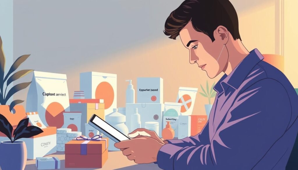A detailed and visually engaging illustration of the customer subscription experience. The foreground depicts a person interacting with a digital device, immersed in a personalized subscription service. The middle ground showcases various subscription-based products and services, each with its own unique packaging and branding. The background features a clean, minimalist environment with subtle hints of a modern, technology-driven lifestyle. The overall scene conveys a sense of seamless integration, convenience, and the value proposition of a subscription-based business model. Lit by soft, warm lighting and captured with a wide-angle lens to emphasize the depth and composition of the scene. A detailed and visually engaging illustration of the customer subscription experience. The foreground depicts a person interacting with a digital device, immersed in a personalized subscription service. The middle ground showcases various subscription-based products and services, each with its own unique packaging and branding. The background features a clean, minimalist environment with subtle hints of a modern, technology-driven lifestyle. The overall scene conveys a sense of seamless integration, convenience, and the value proposition of a subscription-based business model. Lit by soft, warm lighting and captured with a wide-angle lens to emphasize the depth and composition of the scene.