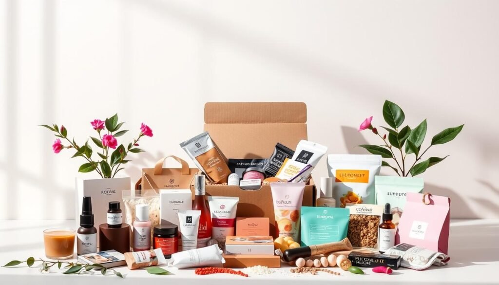 A lush, vibrant still life showcasing an array of subscription box products against a clean, minimalist background. In the foreground, an assortment of neatly arranged items - beauty products, snacks, and lifestyle accessories - in sleek, modern packaging that conveys a sense of luxury and personalization. The middle ground features a subscription box itself, its lid open to reveal the carefully curated contents within. Soft, directional lighting from the left casts gentle shadows, emphasizing the high-quality textures and materials. The overall scene radiates a sense of personalized service, inviting the viewer to imagine the unique experience of receiving a tailored subscription box.