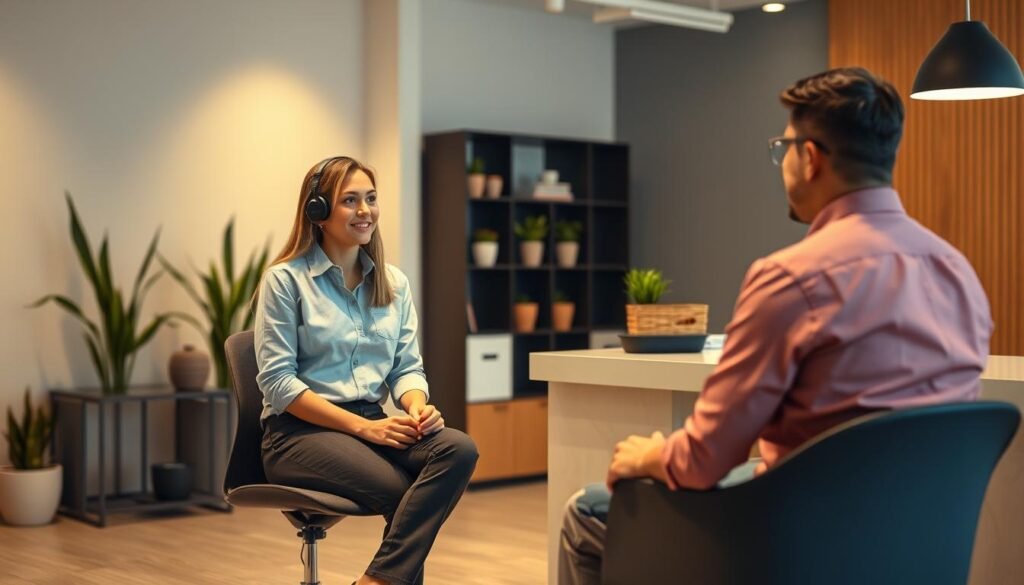 A modern business office setting with a customer service professional in the foreground, providing assistance to a customer seated across from them. The customer is dressed casually, engaged in a discussion with the service provider, who is wearing a crisp button-down shirt and slacks. Soft, warm lighting illuminates the scene, creating a professional yet welcoming atmosphere. The background features subtle details like potted plants, a bookshelf, and a sleek, minimalist desk, conveying a sense of a well-appointed, contemporary workspace. The overall mood is one of efficient, personalized service and a positive customer experience. A modern business office setting with a customer service professional in the foreground, providing assistance to a customer seated across from them. The customer is dressed casually, engaged in a discussion with the service provider, who is wearing a crisp button-down shirt and slacks. Soft, warm lighting illuminates the scene, creating a professional yet welcoming atmosphere. The background features subtle details like potted plants, a bookshelf, and a sleek, minimalist desk, conveying a sense of a well-appointed, contemporary workspace. The overall mood is one of efficient, personalized service and a positive customer experience.