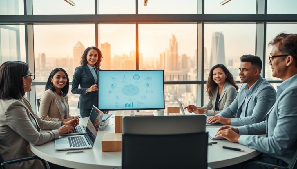 A modern corporate office environment depicting a diverse group of business professionals engaged in a collaborative strategy session. In the foreground, a confident woman of Asian descent presents innovative ideas on a digital screen, surrounded by colleagues of different ethnicities, all dressed in smart business attire. The middle layer showcases a large, round table with laptops, charts, and subscription box samples, symbolizing adaptability in consumer trends. The background reveals large windows with a vibrant cityscape, symbolizing transformation and opportunity. The lighting is bright and inviting, emphasizing a dynamic and forward-thinking atmosphere. The image should convey motivation, teamwork, and modern business strategies without any text or distractions. A modern corporate office environment depicting a diverse group of business professionals engaged in a collaborative strategy session. In the foreground, a confident woman of Asian descent presents innovative ideas on a digital screen, surrounded by colleagues of different ethnicities, all dressed in smart business attire. The middle layer showcases a large, round table with laptops, charts, and subscription box samples, symbolizing adaptability in consumer trends. The background reveals large windows with a vibrant cityscape, symbolizing transformation and opportunity. The lighting is bright and inviting, emphasizing a dynamic and forward-thinking atmosphere. The image should convey motivation, teamwork, and modern business strategies without any text or distractions.