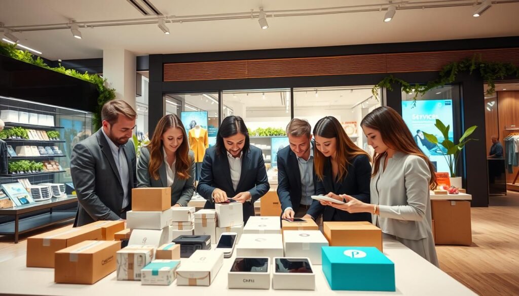 A modern retail environment illustrating the business model revolution from products to services. In the foreground, a diverse group of professionals in business attire collaborates over a table filled with digital devices and subscription boxes, showcasing innovative product offerings. The middle ground features a contemporary retail space with interactive displays highlighting service-oriented shopping experiences. In the background, a sleek storefront with large glass windows, vibrant lighting, and greenery adds to the fresh atmosphere. The setting is bright and inviting, creating a sense of innovation and transformation in retail. The angle is slightly elevated to capture the entire scene, emphasizing the shift towards service-based solutions in shopping, with a warm, optimistic ambiance.