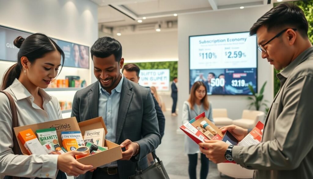 A modern retail environment showcasing the concept of the subscription economy. In the foreground, a diverse group of consumers in professional attire is examining various subscription boxes filled with products like gourmet snacks, beauty items, and tech gadgets. The middle layer features a sleek, minimalist retail space with bright lighting and large digital screens displaying subscription plans. The background includes cozy seating areas and greenery, creating a welcoming atmosphere. Soft, diffused lighting enhances the overall mood, making it feel innovative and future-oriented. The perspective is slightly elevated as if viewed from a higher angle, emphasizing the bustling yet organized nature of the space. The image conveys a sense of excitement and convenience associated with subscription retailing.