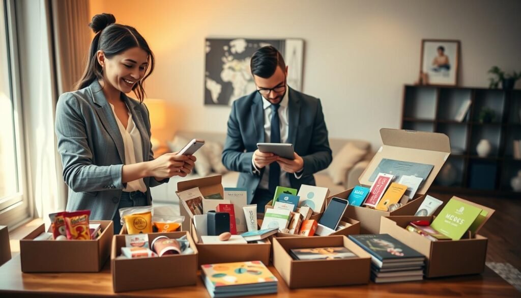 A modern subscription box service scene, featuring a neatly arranged table filled with various open subscription boxes, showcasing diverse products like gourmet snacks, skincare items, and books. In the foreground, a young professional woman in smart casual attire picks up an item from a box, her expression one of excitement. In the middle, another person, dressed in professional business attire, examines a subscription box filled with tech gadgets. The background features a cozy living room with stylish décor and warm lighting, creating an inviting atmosphere. Soft natural light filters through a window, highlighting the items. The overall mood is vibrant and engaging, capturing the essence of modern consumerism influenced by subscription services. A modern subscription box service scene, featuring a neatly arranged table filled with various open subscription boxes, showcasing diverse products like gourmet snacks, skincare items, and books. In the foreground, a young professional woman in smart casual attire picks up an item from a box, her expression one of excitement. In the middle, another person, dressed in professional business attire, examines a subscription box filled with tech gadgets. The background features a cozy living room with stylish décor and warm lighting, creating an inviting atmosphere. Soft natural light filters through a window, highlighting the items. The overall mood is vibrant and engaging, capturing the essence of modern consumerism influenced by subscription services.