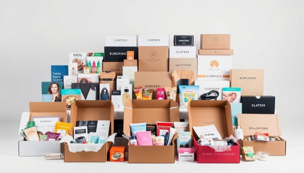 A neatly arranged display of popular subscription box models, showcasing a diverse range of products and packaging designs. The foreground features several open boxes revealing their contents, from gourmet snacks and beauty products to tech gadgets and apparel. The middle ground showcases a variety of closed subscription boxes in different shapes, sizes, and branding. In the background, a minimalist studio setting with soft, even lighting highlights the sleek, modern aesthetic of the subscription box industry. The overall composition conveys the convenience, personalization, and excitement associated with the subscription box model, a growing trend among today's consumers. A neatly arranged display of popular subscription box models, showcasing a diverse range of products and packaging designs. The foreground features several open boxes revealing their contents, from gourmet snacks and beauty products to tech gadgets and apparel. The middle ground showcases a variety of closed subscription boxes in different shapes, sizes, and branding. In the background, a minimalist studio setting with soft, even lighting highlights the sleek, modern aesthetic of the subscription box industry. The overall composition conveys the convenience, personalization, and excitement associated with the subscription box model, a growing trend among today's consumers.