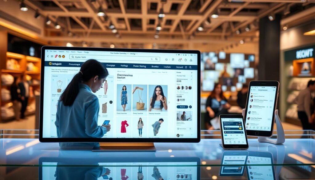 A sleek and modern digital platform displaying a seamless omnichannel shopping experience. In the foreground, a stylized web interface showcases various product categories, with intuitive navigation and clean UI design. In the middle ground, customers are seen interacting with the platform on their smartphones and tablets, highlighting the responsive and cross-device functionality. The background features a vibrant social media landscape, with product reviews, influencer endorsements, and real-time customer engagement, reflecting the integration of social commerce. The scene is bathed in a warm, inviting lighting that conveys a sense of convenience, personalization, and a sophisticated, technology-driven retail environment.