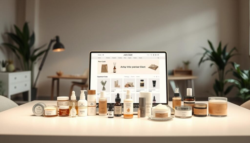 A sleek, minimalist subscription box business scene. In the foreground, an array of carefully curated products arranged on a clean, white table, showcasing the high-quality offerings. The middle ground features a laptop displaying an elegant, user-friendly online store interface, highlighting the convenience of the subscription model. In the background, a warm, natural-toned office space with plants and modern decor, exuding a sense of professionalism and attention to detail. Soft, directional lighting casts a subtle glow, emphasizing the premium, artisanal nature of the products. The overall mood is one of efficiency, sophistication, and a tailored customer experience.