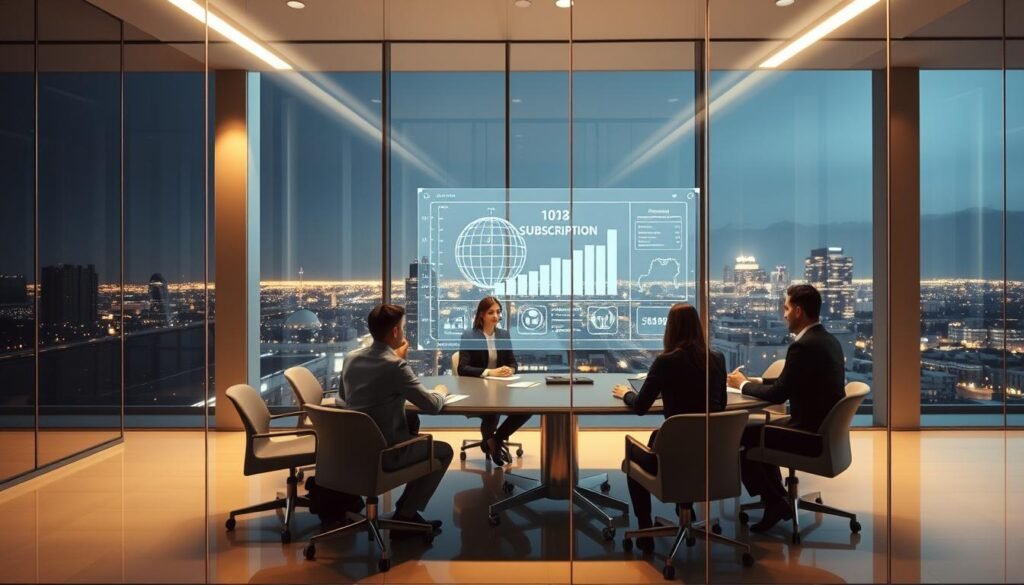 A sleek, modern office setting with a glass-walled conference room in the foreground. Inside, a group of professionals are gathered around a table, discussing a subscription-based business model displayed on a large, holographic screen. The lighting is soft and warm, creating a sense of professionalism and innovation. The background features a cityscape visible through the windows, hinting at the global reach of the subscription-based service. The overall atmosphere conveys a sense of collaboration, strategic planning, and the transformation of traditional consumer behavior.