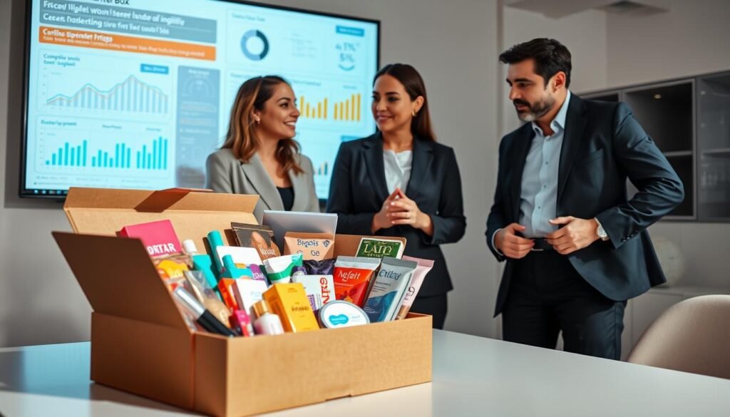 A sleek, modern subscription box prominently displayed in the foreground, partially open to reveal an array of colorful items inside, including cosmetics, snacks, and lifestyle products. The middle section shows a diverse group of three professionals—two women and one man—standing around a table, discussing pricing strategies for the subscription box. They are dressed in smart business attire, engaged in animated conversation. In the background, a large digital screen displays dynamic graphs and pricing models, emphasizing the competitive landscape. The lighting is bright and inviting, casting soft shadows to create a professional atmosphere. Capture the moment from a slightly elevated angle, showcasing the vibrancy of the products and the seriousness of the strategy discussion. The mood is focused yet optimistic, highlighting the potential of innovative subscription box pricing.