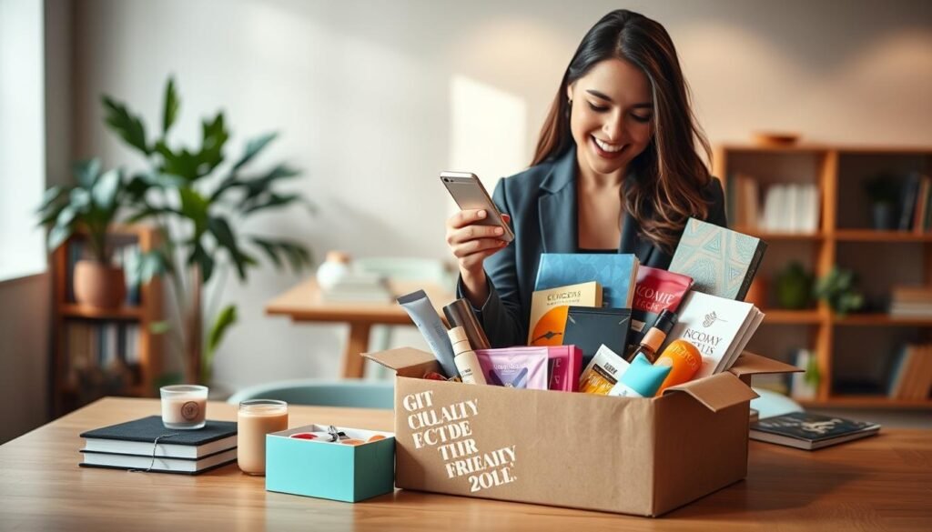 A stylish subscription box sits prominently in the foreground, overflowing with an assortment of curated items like gourmet snacks, beauty products, and books, arranged artfully to showcase the variety. The middle ground includes a vibrant table setting where an elegantly dressed businessperson reviews the contents, embodying the excitement of unboxing. In the background, a modern, airy room features a soft-focus bookshelf and greenery, suggesting a homey yet professional environment. The lighting is warm and inviting, casting gentle shadows and highlighting the textures of the products. The scene conveys a sense of discovery and the joy of shopping, encapsulating the innovative spirit of subscription boxes in a consumer's journey. A stylish subscription box sits prominently in the foreground, overflowing with an assortment of curated items like gourmet snacks, beauty products, and books, arranged artfully to showcase the variety. The middle ground includes a vibrant table setting where an elegantly dressed businessperson reviews the contents, embodying the excitement of unboxing. In the background, a modern, airy room features a soft-focus bookshelf and greenery, suggesting a homey yet professional environment. The lighting is warm and inviting, casting gentle shadows and highlighting the textures of the products. The scene conveys a sense of discovery and the joy of shopping, encapsulating the innovative spirit of subscription boxes in a consumer's journey.