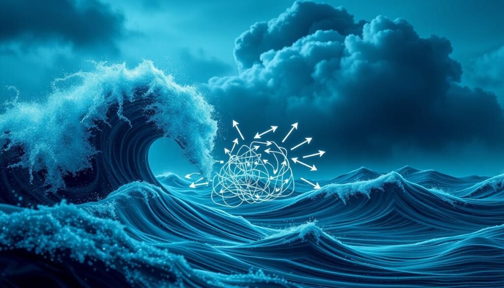 A surging wave of turbulence and churn, embodying the challenges faced by subscription-based businesses. In the foreground, a vortex of swirling data, representing the complexities of customer retention and churn. The middle ground features a tangled web of arrows and lines, symbolizing the fierce competition and acquisition costs that subscription models must navigate. Casting a looming shadow in the background, an ominous cloud of uncertainty looms, hinting at the unpredictable nature of this evolving business landscape. The scene is bathed in a cool, blue-toned lighting, creating a sense of tension and unease. The overall composition conveys the dynamic and volatile nature of the subscription economy, where churn, competition, and acquisition costs present ongoing challenges for companies seeking to thrive.