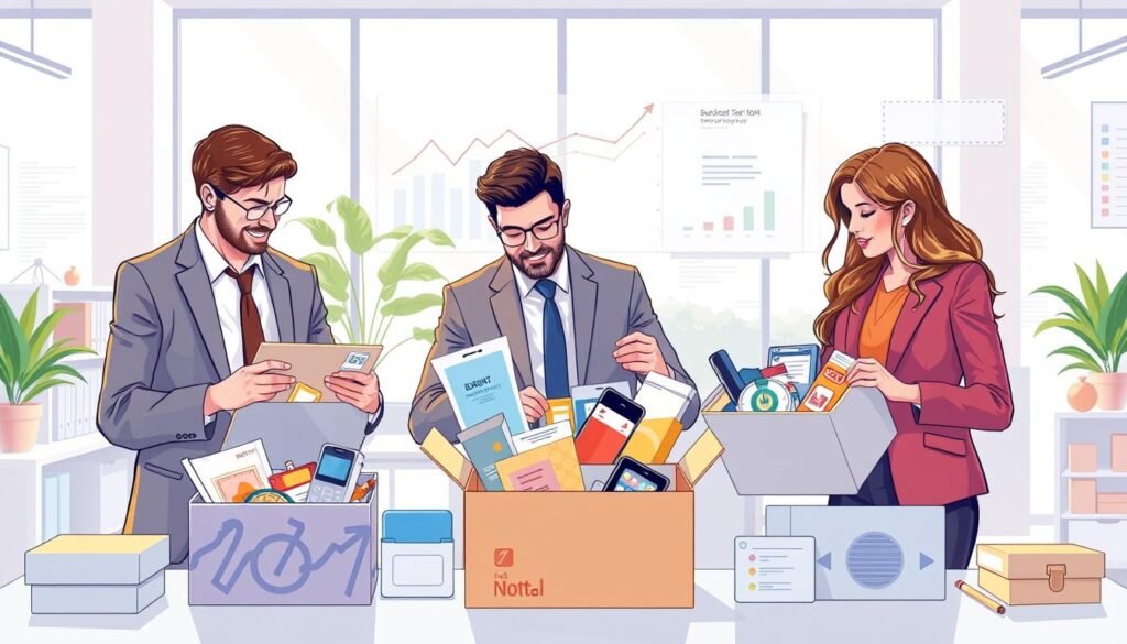 A visually engaging illustration showcasing the concept of a subscription box business model. In the foreground, depict a diverse group of three professionals—two men and one woman—wearing business attire, examining open subscription boxes filled with various products like gourmet snacks, beauty items, and tech gadgets. The middle ground should show a well-organized workspace with charts and graphs illustrating growth in subscription services, enhancing the business theme. The background features a bright, modern office environment with large windows allowing natural light to flood the space, creating an optimistic atmosphere. Use a slightly elevated angle to capture the interaction and emphasize teamwork. The overall mood should feel innovative and collaborative, reflecting the evolution of consumer shopping experiences through subscription services. A visually engaging illustration showcasing the concept of a subscription box business model. In the foreground, depict a diverse group of three professionals—two men and one woman—wearing business attire, examining open subscription boxes filled with various products like gourmet snacks, beauty items, and tech gadgets. The middle ground should show a well-organized workspace with charts and graphs illustrating growth in subscription services, enhancing the business theme. The background features a bright, modern office environment with large windows allowing natural light to flood the space, creating an optimistic atmosphere. Use a slightly elevated angle to capture the interaction and emphasize teamwork. The overall mood should feel innovative and collaborative, reflecting the evolution of consumer shopping experiences through subscription services.
