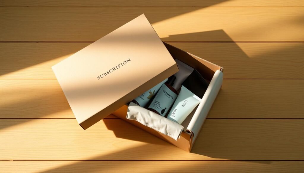A well-organized and visually appealing subscription box nestled on a simple wooden surface, illuminated by soft, warm lighting that casts subtle shadows. The box's exterior features a clean, minimalist design with a muted color palette, complemented by elegant typography. The interior is revealed, showcasing a neatly arranged selection of products that reflect the subscription theme, inviting the viewer to imagine the delight of unboxing. The overall composition conveys a sense of quality, thoughtfulness, and the allure of the subscription box experience.