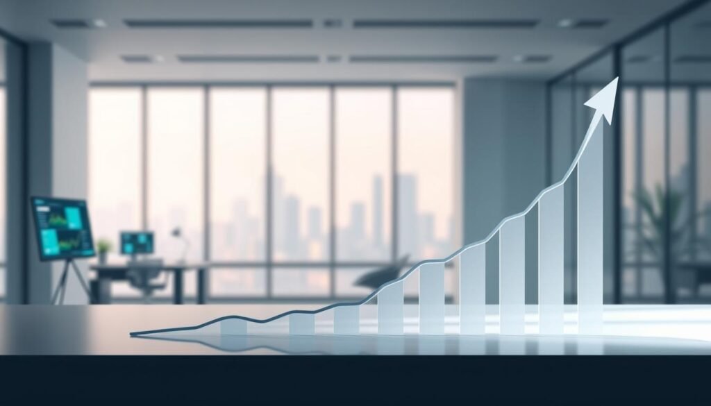 An elegant illustration of recurring revenue, showcasing a constant stream of monetary flows against a backdrop of a modern business environment. In the foreground, a stylized graph depicts a steady upward trend, symbolizing the sustainable growth of a subscription-based model. The middle ground features a minimalist office setting, with clean lines and subtle hints of financial data displayed on digital screens. The background blurs into a soft, pastel-toned cityscape, conveying a sense of stability and long-term prosperity. Lighting is soft and diffused, creating a sense of tranquility and professionalism. The overall composition should inspire a feeling of financial security and predictable cash flow, crucial elements of a successful subscription-based business.