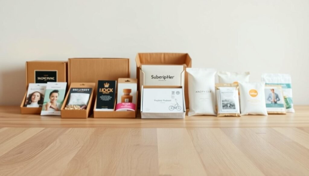 Subscription box model depicting a well-organized display of various subscription packages. A neutral-toned wooden table in the foreground, with clean, minimalist packaging showcasing different product categories. Soft, directional lighting accentuates the textured surfaces and creates subtle shadows, evoking a professional, high-quality presentation. The middle ground features a range of subscription box designs, each representing a distinct service or product offering. In the background, a simple, uncluttered backdrop allows the subscription boxes to be the focal point, emphasizing their versatility and appeal as a successful business model. Subscription box model depicting a well-organized display of various subscription packages. A neutral-toned wooden table in the foreground, with clean, minimalist packaging showcasing different product categories. Soft, directional lighting accentuates the textured surfaces and creates subtle shadows, evoking a professional, high-quality presentation. The middle ground features a range of subscription box designs, each representing a distinct service or product offering. In the background, a simple, uncluttered backdrop allows the subscription boxes to be the focal point, emphasizing their versatility and appeal as a successful business model.
