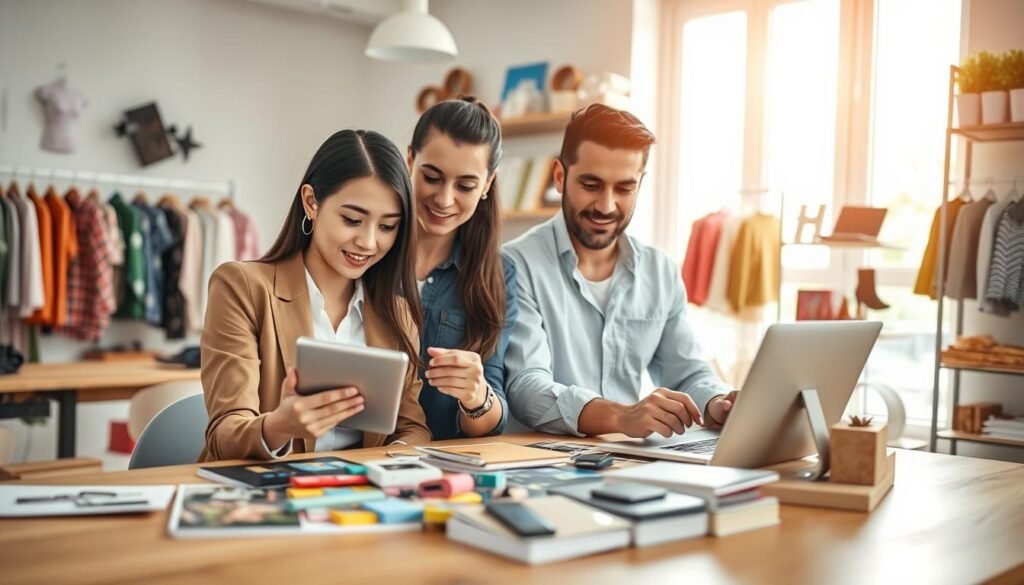 A bright and inviting workspace featuring a diverse group of individuals engaged in product selection for online resale. In the foreground, a young woman in smart casual attire examines colorful product samples on a wooden table, while a man beside her takes notes on a tablet. The middle layer shows stock images of various products like clothing, gadgets, and home decor displayed appealingly in the background, with a soft-focus effect to emphasize the main subjects. The background features a window letting in warm, natural light, creating an optimistic atmosphere. The scene conveys a collaborative and positive mood, suitable for aspiring entrepreneurs exploring product options. Use a wide-angle lens to capture the dynamic environment, ensuring clarity and vibrancy in the colors throughout.