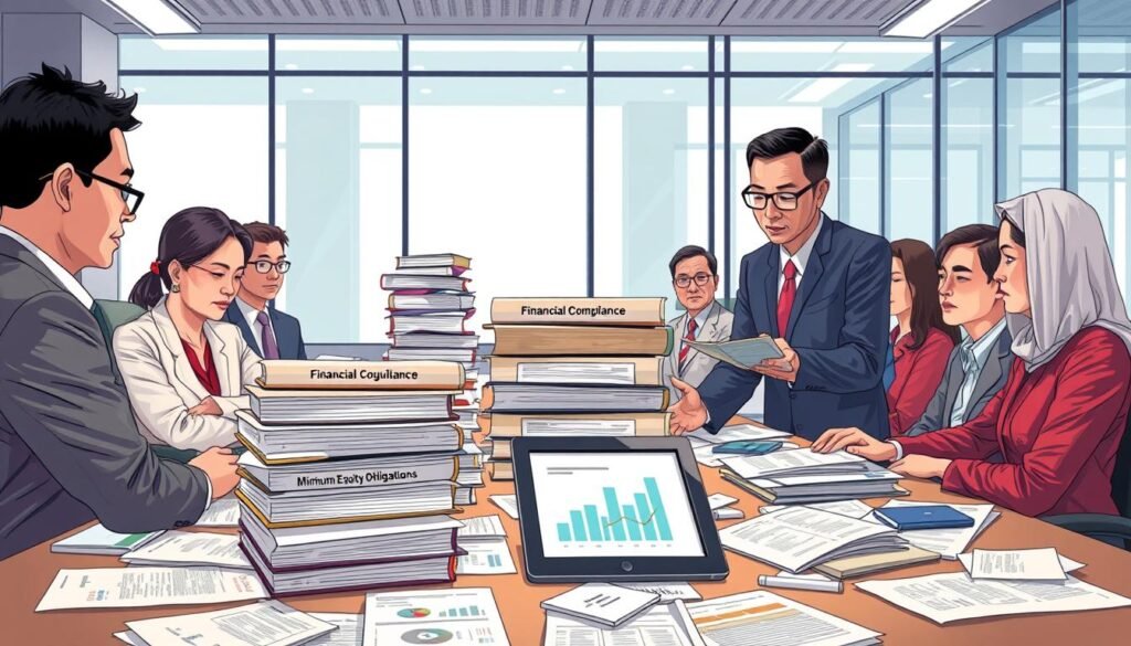 A detailed illustration depicting the concept of financial regulation, specifically focusing on the Indonesian Financial Services Authority (OJK). In the foreground, a diverse group of professionals in business attire engage in a discussion around a large table littered with financial reports and regulatory documents. In the middle ground, a stack of books labeled "Financial Compliance" and "Minimum Equity Obligations" towers next to a digital tablet displaying graphs. The background features a modern office environment, suggesting a corporate atmosphere, with large windows letting in soft daylight. The mood is serious and contemplative, highlighting the importance of financial regulations. Use a wide-angle lens to capture the entire scene, with balanced lighting for professionalism.