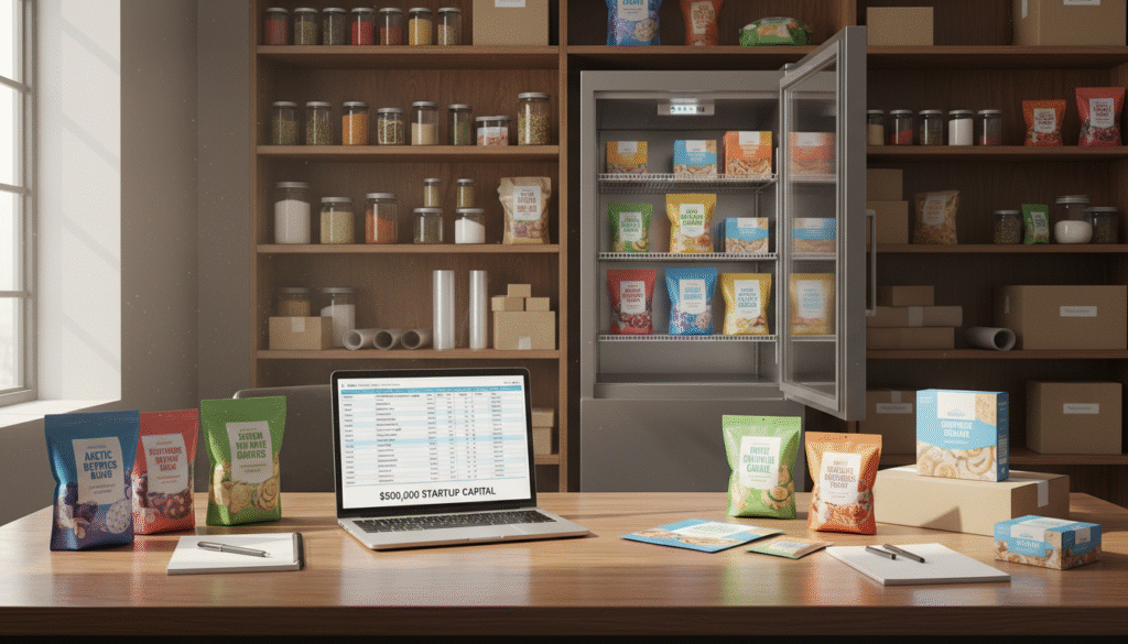 A detailed workspace for calculating the startup capital for a frozen food business, featuring a professional setting. In the foreground, a neatly arranged desk with a laptop displaying spreadsheets and financial calculations. Scattered around are colorful packaging materials for frozen food, like bags and boxes, showing various designs. In the middle ground, a modern freezer with its glass door open, revealing neatly organized, labeled frozen food products. The background features shelves stocked with food ingredients and packaging supplies. Soft, natural lighting coming from a nearby window creates a warm and inviting atmosphere, ideal for a business planning session. The scene should convey a sense of focus, professionalism, and creativity in the food packaging industry.