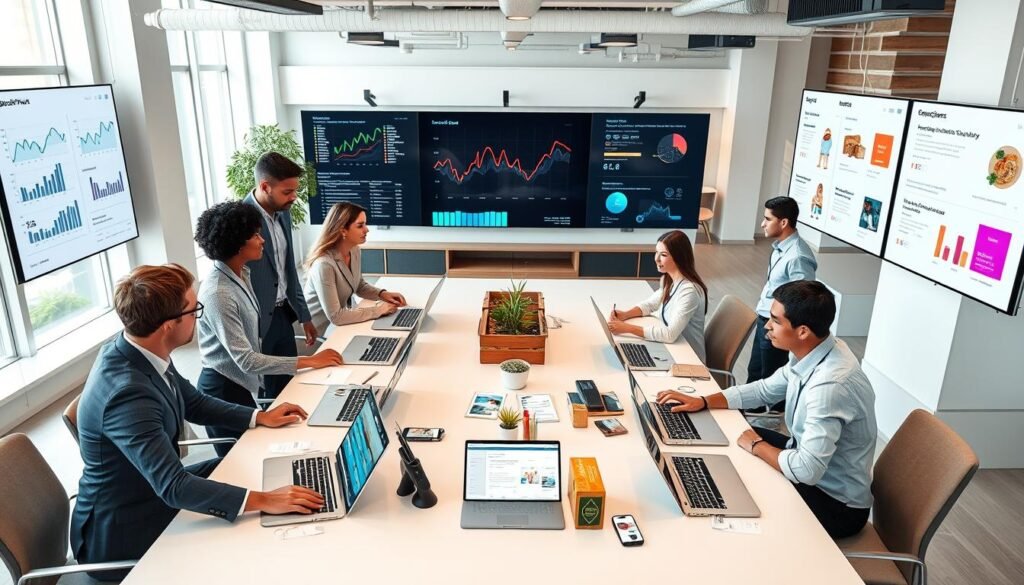 A modern business environment showcasing the integration of technology and operations for successful subscription box services. In the foreground, a diverse group of professionals in smart casual attire works collaboratively around a sleek conference table with laptops and digital devices displaying analytics and subscription models. The middle ground features large screens on the walls displaying colorful graphs and customer feedback. In the background, a bright, open office space with large windows allows natural light to illuminate the scene, creating an inviting and dynamic atmosphere. The overall mood is innovative and forward-thinking, with an emphasis on teamwork and technology-driven solutions, captured in a high-angle shot to provide a comprehensive view of the collaboration. A modern business environment showcasing the integration of technology and operations for successful subscription box services. In the foreground, a diverse group of professionals in smart casual attire works collaboratively around a sleek conference table with laptops and digital devices displaying analytics and subscription models. The middle ground features large screens on the walls displaying colorful graphs and customer feedback. In the background, a bright, open office space with large windows allows natural light to illuminate the scene, creating an inviting and dynamic atmosphere. The overall mood is innovative and forward-thinking, with an emphasis on teamwork and technology-driven solutions, captured in a high-angle shot to provide a comprehensive view of the collaboration.