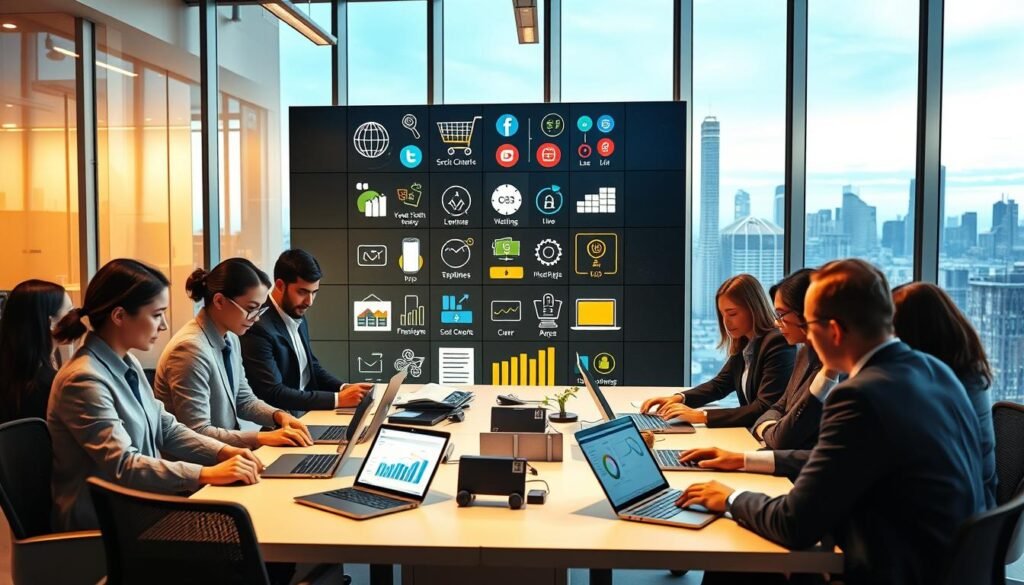 A modern office space showcasing "Supportive Technology for Business Transformation." In the foreground, a diverse group of professionals in business attire collaborate around a large table with laptops and digital tablets displaying graphs and analytics. The middle layer features a colorful digital display wall showcasing icons of social commerce and live shopping platforms, emphasizing the surge of digital adaptation. The background includes a sleek city skyline through large windows, illuminated by soft natural light. Add a sense of productivity and innovation with dynamic lighting that contrasts the bustling outside with the focused atmosphere inside. Capture a warm, collaborative mood that inspires transformation and growth in small and medium-sized enterprises (SMEs) in the digital era.
