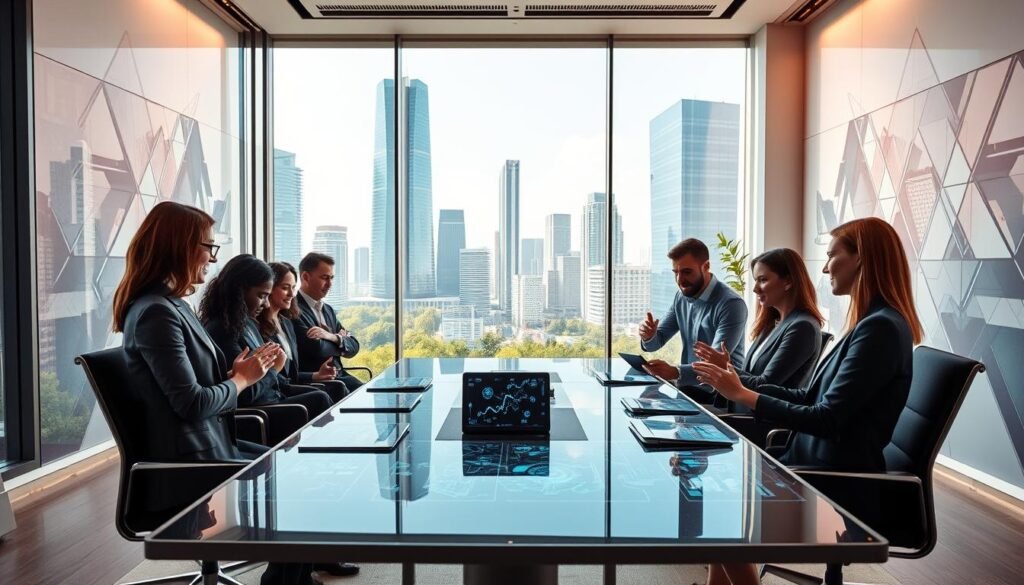 A modern office space showcasing "digital technology services" in a vibrant, futuristic setting. In the foreground, a diverse team of professionals in smart business attire collaborates around a sleek conference table equipped with advanced technology like tablets and holographic displays. In the middle ground, large windows reveal a cityscape with tall, innovative buildings and greenery, suggesting a harmonious blend of nature and technology. The background features abstract digital artwork on the walls, symbolizing creativity and progress. Soft, natural lighting floods the room, creating an optimistic atmosphere. The camera angle is slightly elevated, capturing the dynamic interaction between the team members and the high-tech environment. The mood is inspiring and forward-thinking, reflecting the untapped potential of digital services.