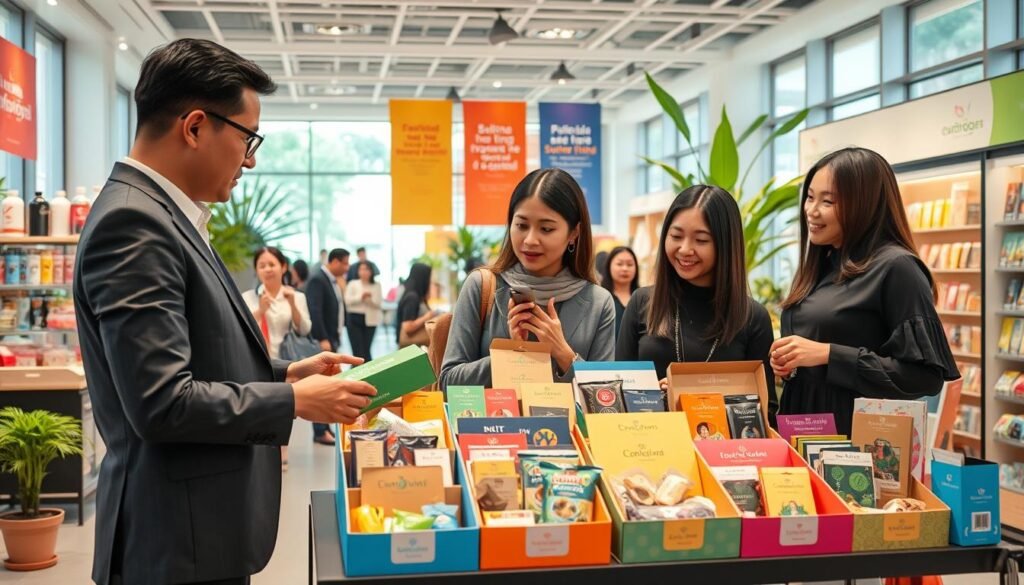 A modern retail scene showcasing the implementation of subscription box services in Indonesia. In the foreground, a diverse group of three professionals in business attire engage in a discussion, examining a stylish subscription box filled with local products like snacks and crafts. In the middle ground, a well-organized display of subscription boxes with vibrant packaging, labeled with various Indonesian product names. The background features a bustling retail space with shoppers exploring the area, colorful banners promoting subscription services, and lush indoor plants adding an inviting touch. Soft, natural lighting filters through large windows, creating a warm and inspiring atmosphere. The image captures the innovative spirit of modern shopping in Indonesia, highlighting the growing trend of servitization.
