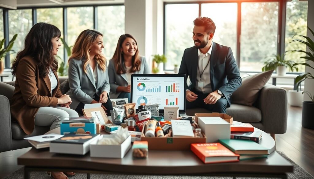 A modern workspace showcasing the concept of a subscription business model. In the foreground, a diverse group of three professionals—two women and one man—dressed in smart casual attire, engaged in a lively discussion around a coffee table scattered with subscription box samples filled with various products like cosmetics, snacks, and books. The middle ground features a sleek desk with a laptop displaying graphs and charts related to servitization. The background reveals a bright and airy office space with large windows, allowing natural light to flood in, highlighting greenery outside. The mood is collaborative and innovative, with soft shadows and a warm color palette to enhance the inviting atmosphere. The image is captured with a shallow depth of field, focusing on the group while softly blurring the background.