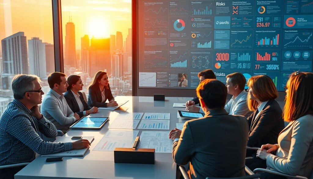 A professional setting depicting Peer-to-Peer (P2P) lending as a business model, with a clear focus on risk factors. In the foreground, a diverse group of professionals in modest business attire is engaged in a discussion around a modern conference table, analyzing charts and financial data displayed on digital screens. The middle layer features graphs and metrics illustrating financial risks, backed by a wall covered in vivid infographics about P2P lending. In the background, large windows reveal a city skyline, reflecting a sunrise, symbolizing new opportunities and challenges. The lighting is bright and professional, casting soft shadows, creating an optimistic yet serious atmosphere conducive to financial discussions. The scene conveys focus, innovation, and caution in the evolving fintech landscape.