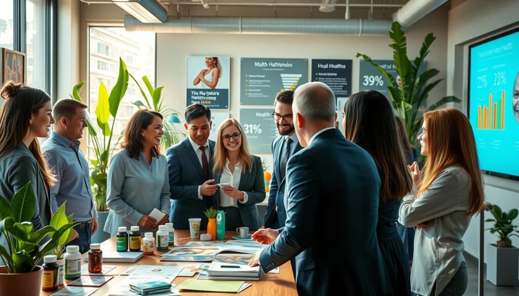 A vibrant and inviting scene showcasing promising business opportunities in the health and wellness sector. In the foreground, a diverse group of professionals in business attire is engaged in a discussion around a table filled with health-related brochures, supplements, and wellness gadgets. In the middle background, a modern office space features bright green plants, a large window allowing warm sunlight to stream in, and motivational health posters on the walls. The background includes a digital screen displaying health statistics and trends, creating a sense of forward-thinking innovation. The lighting is bright and cheerful, reflecting a positive and inspiring atmosphere focused on growth and collaboration. The overall mood is energetic, optimistic, and professional, embodying the future of health and lifestyle business opportunities.