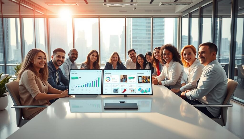 A vibrant and modern TikTok business workspace filled with creative energy. In the foreground, a diverse group of small business owners, dressed in professional attire, are engaged in a strategic meeting around a sleek conference table, showcasing enthusiasm. The middle ground features digital screens with TikTok's interface open, displaying analytics and trending products related to live shopping. In the background, bright natural light streams through large windows, illuminating a futuristic cityscape, symbolizing growth and innovation. The overall mood is inspiring and dynamic, emphasizing collaboration and creativity, captured with a wide-angle lens to enhance the depth of the scene and a soft focus for a professional touch. A vibrant and modern TikTok business workspace filled with creative energy. In the foreground, a diverse group of small business owners, dressed in professional attire, are engaged in a strategic meeting around a sleek conference table, showcasing enthusiasm. The middle ground features digital screens with TikTok's interface open, displaying analytics and trending products related to live shopping. In the background, bright natural light streams through large windows, illuminating a futuristic cityscape, symbolizing growth and innovation. The overall mood is inspiring and dynamic, emphasizing collaboration and creativity, captured with a wide-angle lens to enhance the depth of the scene and a soft focus for a professional touch.