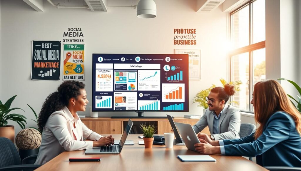 A vibrant digital marketing scene featuring a professional workspace. In the foreground, a diverse group of three people in business attire engaged in a brainstorming session, surrounded by laptops, tablets, and social media icons. The middle ground highlights a large screen displaying social media strategies and analytics, while colorful charts and graphs add visual interest. In the background, a bright, modern office setup with motivational posters related to online business and e-commerce. Soft, natural lighting filters through large windows, creating an inviting atmosphere. The mood is energetic and collaborative, reflecting the essence of effective social media promotion in the online marketplace.