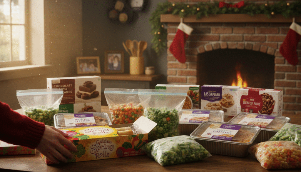 A vibrant display of popular frozen food products arranged artfully on a wooden table, showcasing a variety of items such as frozen vegetables, ready-to-cook meals, and desserts in clear packaging. In the foreground, a hand reaches for a colorful box of frozen spring rolls, emphasizing the practicality of frozen food. In the middle ground, a selection of branded products glistens, hinting at their popularity and quality. The background features a warm kitchen setting with soft, natural lighting coming through a window, creating a welcoming atmosphere. Capture the essence of a cozy family environment, focusing on the convenience and appeal of home-cooked meals for the holiday season. Use a standard lens to maintain clarity and detail without distortion.