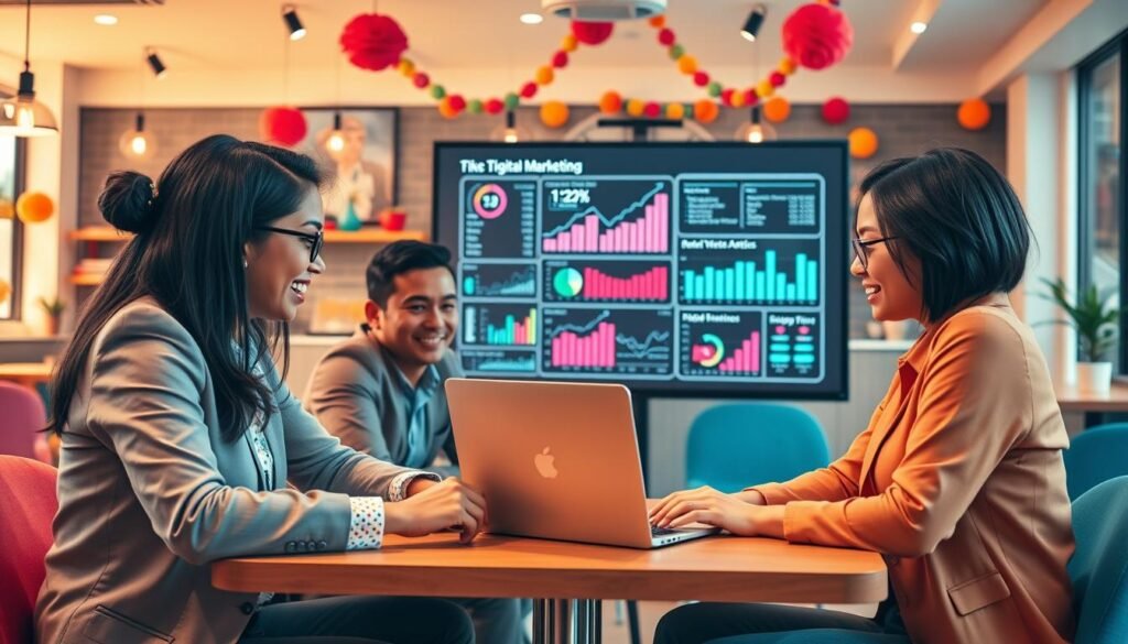 A vibrant, dynamic scene depicting a digital marketing strategy meeting for a small business focusing on TikTok. In the foreground, a diverse group of three professionals in smart casual attire engage around a laptop, analyzing TikTok analytics and trends. The middle layer features digital marketing charts and graphs projected onto a screen, showcasing TikTok's potential for business. In the background, a lively café with colorful decorations symbolizes the creative energy of social commerce. Soft, warm lighting enhances the optimistic atmosphere, creating a sense of collaboration and innovation. Use a wide-angle lens to capture the full scene, emphasizing the connection between the professionals and the digital tools they’re using, all without any text or distractions.