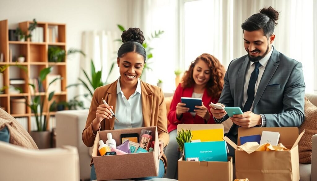 A vibrant, inviting scene inside a modern living room, featuring a diverse group of three consumers interacting with various subscription boxes filled with colorful products. In the foreground, a smiling woman in professional casual attire opens a box, revealing skincare items, while to her left, a man in smart business attire examines tech gadgets from another box. In the background, a cozy corner with plants and bookshelves creates a warm atmosphere, subtly illuminated by soft, natural light streaming through a window. The overall mood is one of excitement and discovery, highlighting the personalized shopping experience subscription services can offer. The room is stylishly decorated, enhancing the theme of modern consumerism and convenience. A vibrant, inviting scene inside a modern living room, featuring a diverse group of three consumers interacting with various subscription boxes filled with colorful products. In the foreground, a smiling woman in professional casual attire opens a box, revealing skincare items, while to her left, a man in smart business attire examines tech gadgets from another box. In the background, a cozy corner with plants and bookshelves creates a warm atmosphere, subtly illuminated by soft, natural light streaming through a window. The overall mood is one of excitement and discovery, highlighting the personalized shopping experience subscription services can offer. The room is stylishly decorated, enhancing the theme of modern consumerism and convenience.