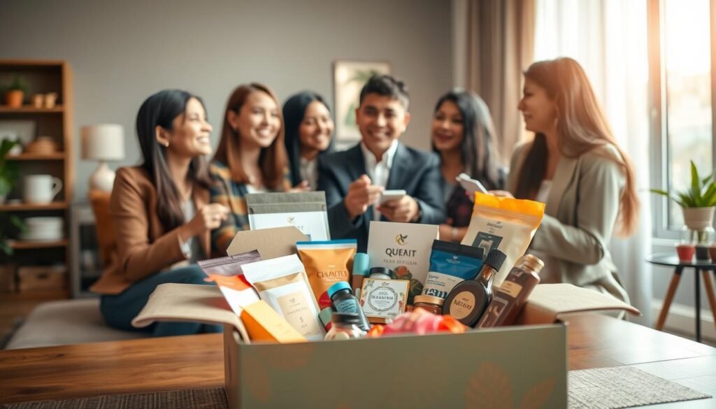 A vibrant scene showcasing a subscription box concept in Indonesia. In the foreground, a beautifully designed subscription box, open to reveal an assortment of local products like snacks, beauty items, and crafts, arranged aesthetically. The middle layer features a diverse group of smiling individuals dressed in professional business attire, discussing and enjoying the contents of the box together. The background depicts a warm, inviting home environment with soft, natural sunlight filtering through the window, casting gentle shadows. The atmosphere conveys a sense of community, excitement, and the joy of discovery. Utilize a shallow depth of field to focus on the box and the people, creating a welcoming and engaging visual experience.