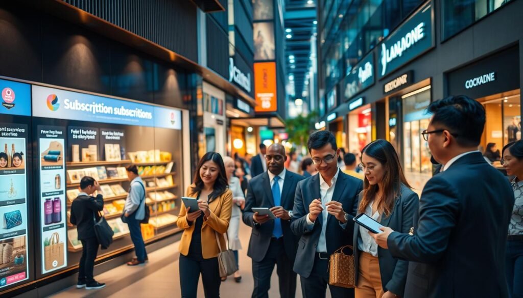 A vibrant urban retail scene in Indonesia depicting the concept of servitization. In the foreground, a diverse group of professional individuals, dressed in smart business attire, are engaged in discussions around innovative subscription box services, showcasing their products on sleek digital devices. In the middle ground, a modern storefront with large interactive displays highlighting various subscription options, inviting passersby to explore. The background features a bustling street lined with contemporary shops, illuminated by warm, ambient lighting, creating a welcoming atmosphere. The perspective is slightly angled to capture the depth of the scene, emphasizing the dynamic interaction between consumers and service offerings. The overall mood is positive and forward-thinking, reflecting the evolution of retail.