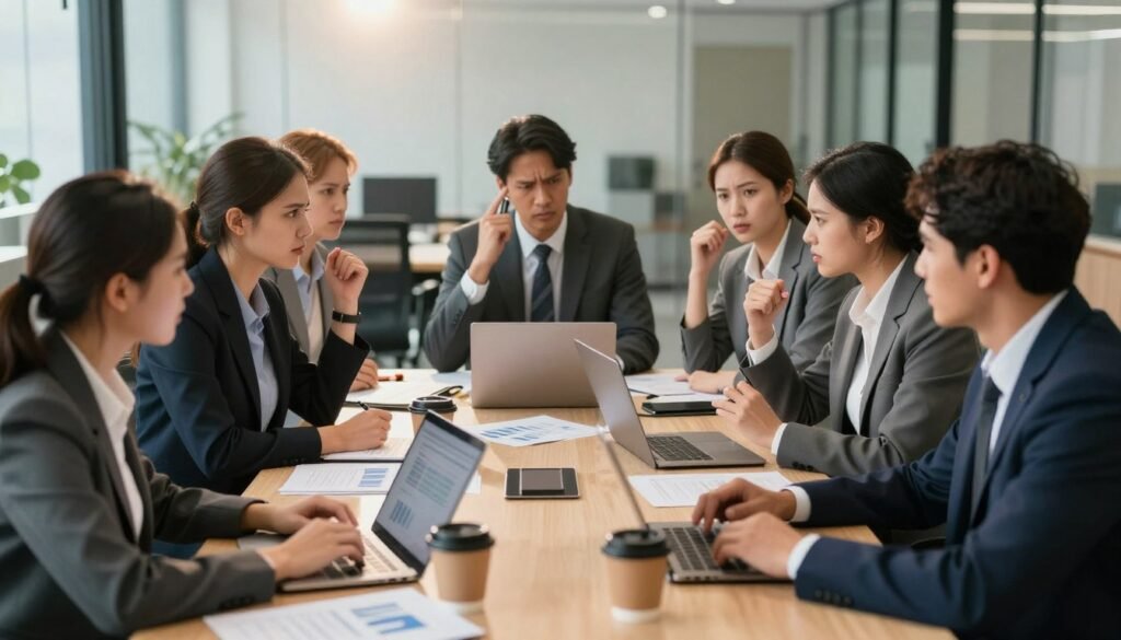 A dynamic business negotiation scene illustrating conflict management. In the foreground, a diverse group of professionals in smart business attire are engaged in a heated discussion, their expressions reflecting intensity yet professionalism. The middle ground features a large negotiation table cluttered with documents, laptops, and coffee cups, suggesting a collaborative yet tense atmosphere. In the background, an office environment with glass walls allows natural light to filter in, casting a warm glow over the scene. The lighting creates a contrast, emphasizing the serious tone of the negotiation while hinting at the possibility of resolution. The composition captures a moment of tension, with body language conveying both frustration and determination, illustrating effective conflict management during negotiation. A dynamic business negotiation scene illustrating conflict management. In the foreground, a diverse group of professionals in smart business attire are engaged in a heated discussion, their expressions reflecting intensity yet professionalism. The middle ground features a large negotiation table cluttered with documents, laptops, and coffee cups, suggesting a collaborative yet tense atmosphere. In the background, an office environment with glass walls allows natural light to filter in, casting a warm glow over the scene. The lighting creates a contrast, emphasizing the serious tone of the negotiation while hinting at the possibility of resolution. The composition captures a moment of tension, with body language conveying both frustration and determination, illustrating effective conflict management during negotiation.
