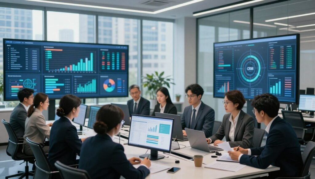 A modern office space filled with fragmented data elements symbolizing the challenge of data fragmentation in business. In the foreground, a diverse group of professionals in business attire collaborates around a sleek conference table, examining digital screens displaying scattered graphs and charts. The middle ground showcases a large wall covered in digital displays and infographics illustrating CRM data integration. In the background, floor-to-ceiling windows illuminate the scene with natural light, revealing a bustling city skyline. The atmosphere is focused and dynamic, emphasizing the urgency of effective data management. Use a wide-angle lens to capture the entire setting, with a soft focus on the background to highlight the professionals’ engagement with data. A modern office space filled with fragmented data elements symbolizing the challenge of data fragmentation in business. In the foreground, a diverse group of professionals in business attire collaborates around a sleek conference table, examining digital screens displaying scattered graphs and charts. The middle ground showcases a large wall covered in digital displays and infographics illustrating CRM data integration. In the background, floor-to-ceiling windows illuminate the scene with natural light, revealing a bustling city skyline. The atmosphere is focused and dynamic, emphasizing the urgency of effective data management. Use a wide-angle lens to capture the entire setting, with a soft focus on the background to highlight the professionals’ engagement with data.