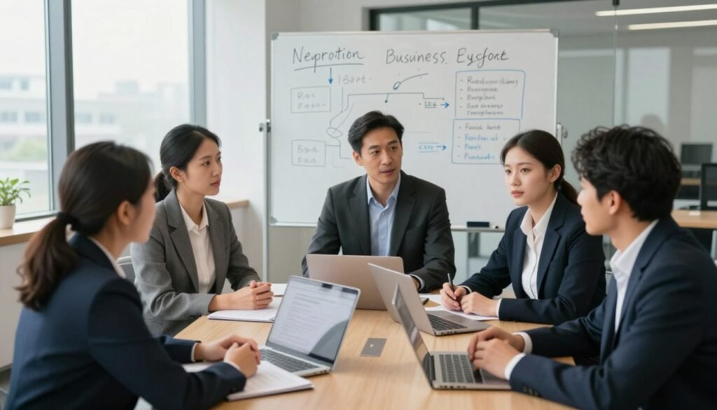 A professional business meeting scene illustrating the fundamentals of effective business negotiation. In the foreground, a diverse group of three individuals engaged in a thoughtful discussion, dressed in formal business attire. The middle ground showcases a large conference table adorned with documents, laptops, and a whiteboard filled with negotiation strategies and key points. In the background, a modern office setting with large windows letting in soft, natural light, creating a warm and inviting atmosphere. The angle is slightly elevated, capturing the intensity and collaboration of the group. The overall mood is focused and proactive, emphasizing teamwork and communication in a professional environment. No text, logos, or other distractions are present. A professional business meeting scene illustrating the fundamentals of effective business negotiation. In the foreground, a diverse group of three individuals engaged in a thoughtful discussion, dressed in formal business attire. The middle ground showcases a large conference table adorned with documents, laptops, and a whiteboard filled with negotiation strategies and key points. In the background, a modern office setting with large windows letting in soft, natural light, creating a warm and inviting atmosphere. The angle is slightly elevated, capturing the intensity and collaboration of the group. The overall mood is focused and proactive, emphasizing teamwork and communication in a professional environment. No text, logos, or other distractions are present.